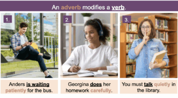 An ESL slide explaining that an adverb modifies a verb.